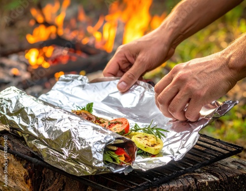 Preparing grilled vegetables in foil over a campfire