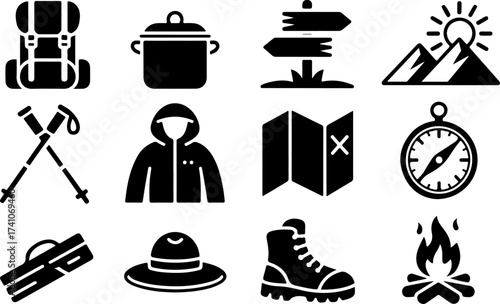 Camping and Hiking Icons Set Backpack, Tent, Compass, Map, Boots, Fire