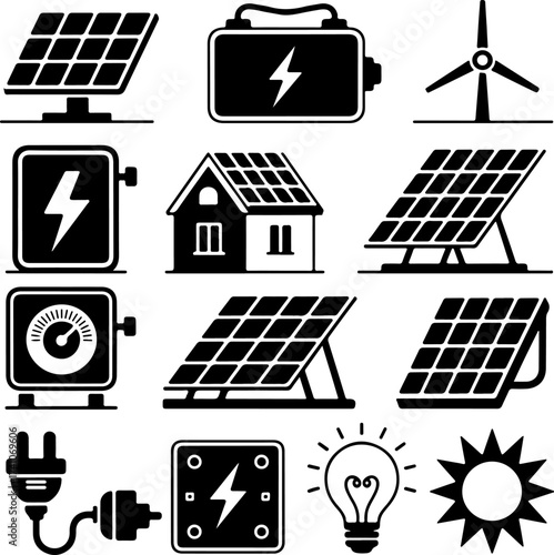 Clean Energy Icons Solar Panels, Wind Turbine, Battery, Lightbulb, and Sun