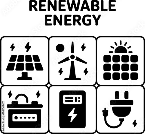 Renewable Energy Icons Solar Panel, Wind Turbine, Battery, Energy Storage, Plug