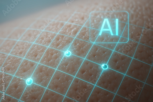 Close-up of human skin overlaid with a glowing AI digital grid interface, symbolizing futuristic biotechnology, precision diagnostics, and artificial intelligence in healthcare.