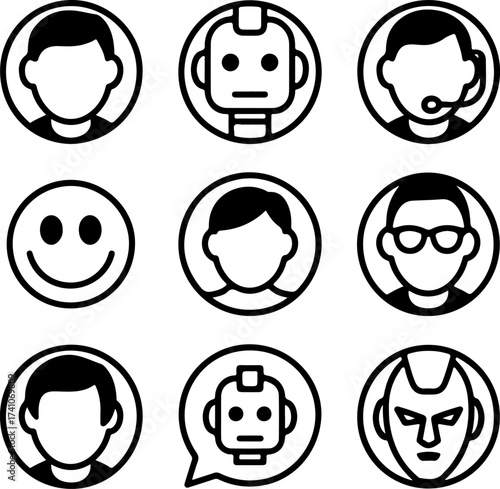 Collection of nine minimalist avatar icons representing people and robots in a clean line art style