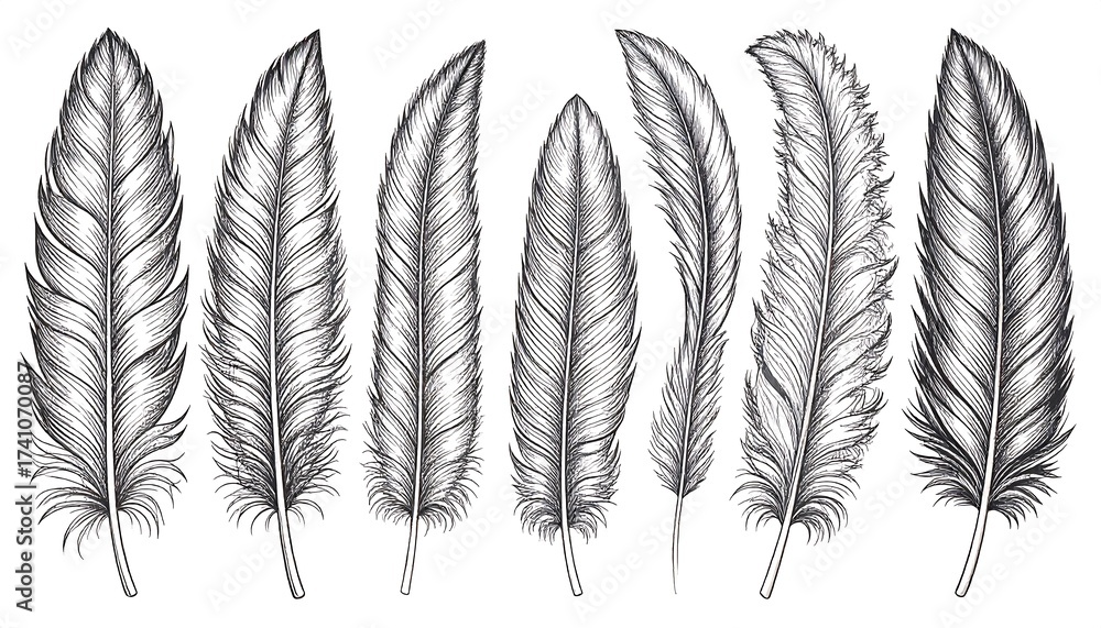 Naklejka premium Detailed hand-drawn illustration of various feathers on a white background