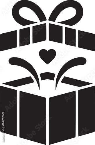 A black and white graphic illustration of an open gift box with a heart floating above it and a bow on top