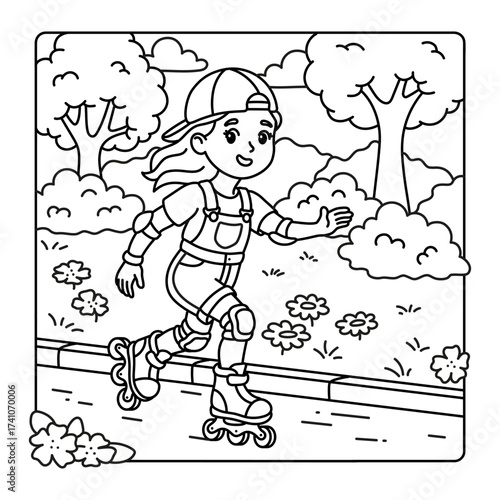 Coloring page for adults and children. Cute girl rollerblading.