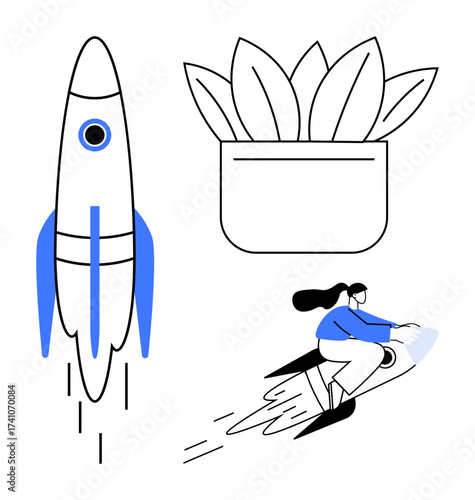 Woman flying on rocket, small potted plant with leaves, and standalone rocket launching. Ideal for innovation, growth, exploration, future, sustainability motivation startup concepts. Simple flat