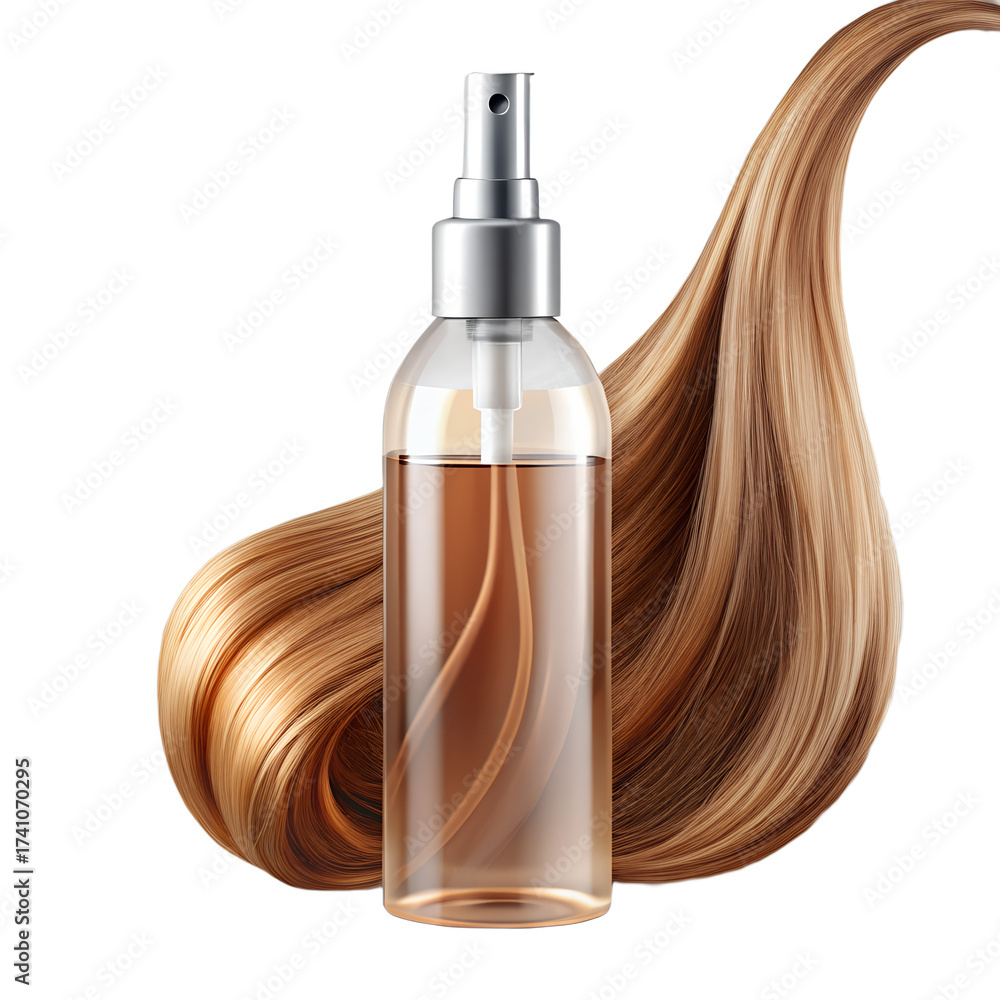 Naklejka premium A bottle of hair spray with a strand of brown hair, isolated on transparent background