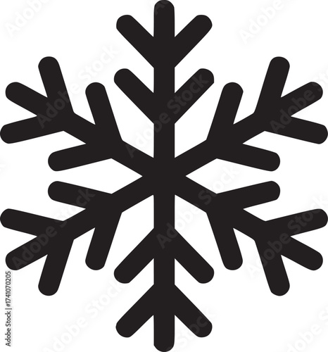 A symmetrical black snowflake with six points on a white background in a simple graphic style