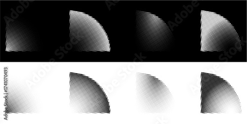 Quarter Circle halftone dotted element vector. A versatile design asset for retro, pop art, and abstract themes. It provides a unique, textured look with a clean, quarter-circle shape.