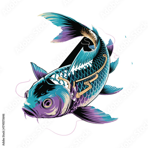 Stylized koi fish swimming, vibrant blue and purple hues, intricate scales, subtle geometric patterns, artistic aquatic T-shirt Design.