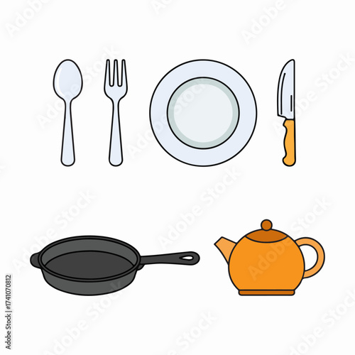 Kitchen utensils like dishes and spoons vector illustration