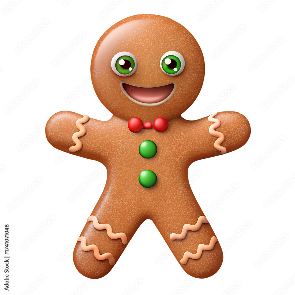 Obraz premium A smiling gingerbread man cookie with green eyes and a red bow tie, isolated on transparent background