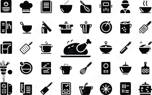 Cooking icon set, black line symbols, recipe book, chef hat, kitchen utensils, food preparation, dining, restaurant, culinary tools, kitchen equipment