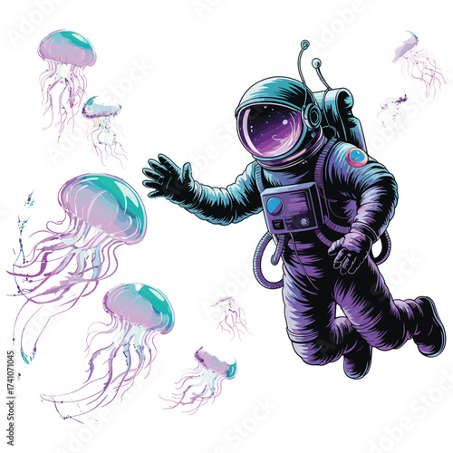 Astronaut floating among jellyfish in cosmic ocean, surreal space exploration, whimsical aquatic life T-shirt Design.