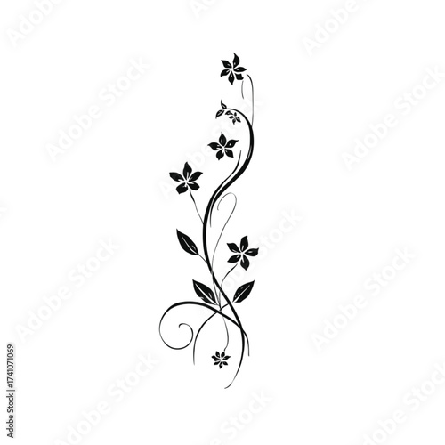 Black vine with five petal flowers and leaves plant
