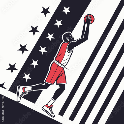 Basketball player jumping with ball red and black design