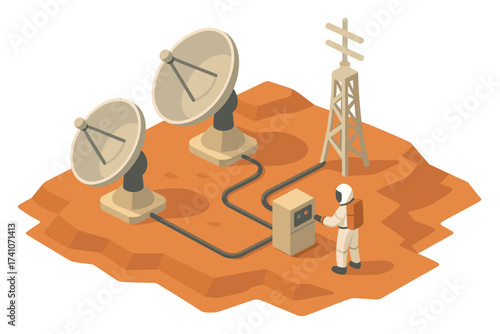 Isometric communication antennas scene, ground station, satellite dishes, control box, power tower