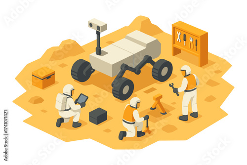 Isometric rover maintenance scene, astronauts repair rover, tools, crates, workshop