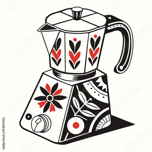 Black and red illustrated moka pot with folk art patterns