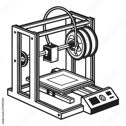 Black and white 3d printer isometric illustration additive manufacturing