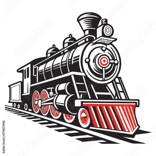 Black and red steam locomotive vector on railway tracks