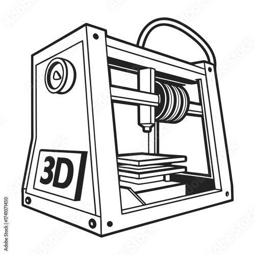 Black and white 3d printer machine illustration technology
