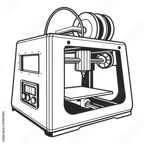 Black and white 3d printer with filament spools additive manufacturing