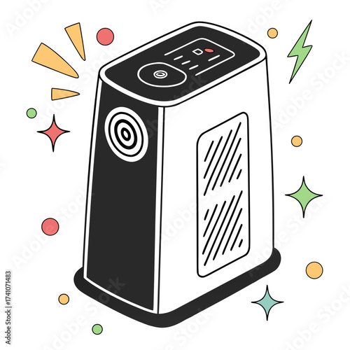 Black and white air purifier with colorful accents