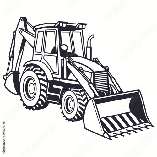 Black and white backhoe loader vector illustration