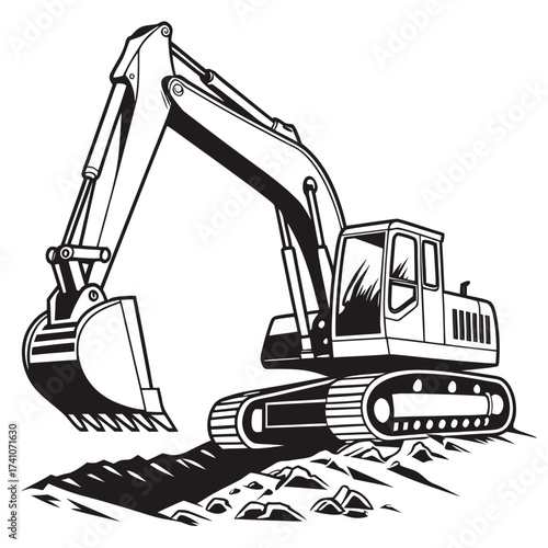 Black and white excavator digging in dirt digger construction
