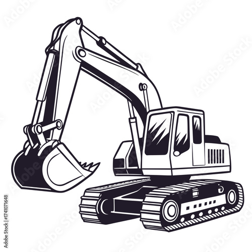 Black and white excavator machine vector graphic construction