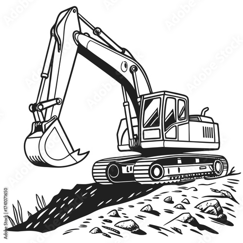 Black and white excavator on rocky terrain construction