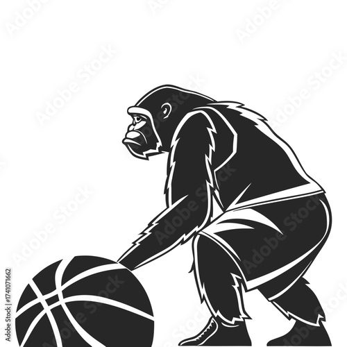 Black and white gorilla dribbling basketball animal