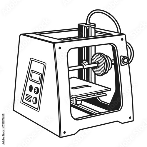 Black and white illustration of a 3d printer machine