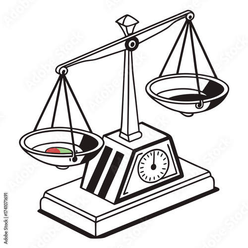 Black and white illustration of a balance scale with colorful contents