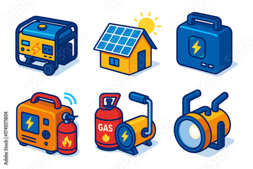 power gear isometric icons ,generator, gas can, spotlight, solar house, bank