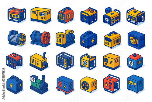 portable generators isometric icons ,diesel, gas, inverter, industrial, compact