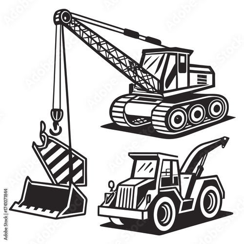 Black and white illustration of construction vehicles