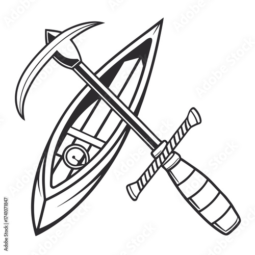 Black and white illustration of canoe and ice axe kayak