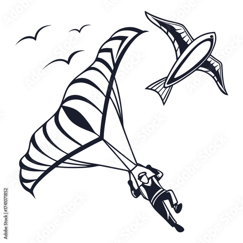 Black and white illustration of paraglider and bird
