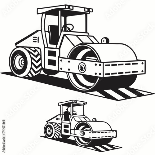 Black and white illustration of two road roller machines