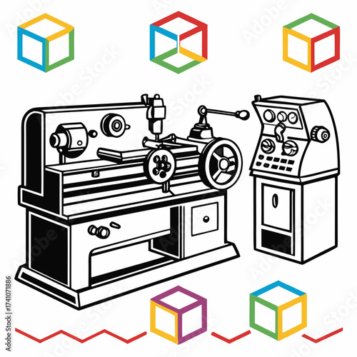 Black and white lathe machine with colorful cube graphics