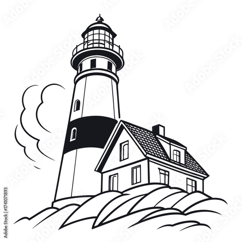 Black and white lighthouse and house on rocky hill