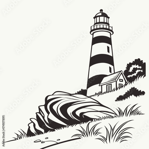 Black and white lighthouse and house on rocky shore