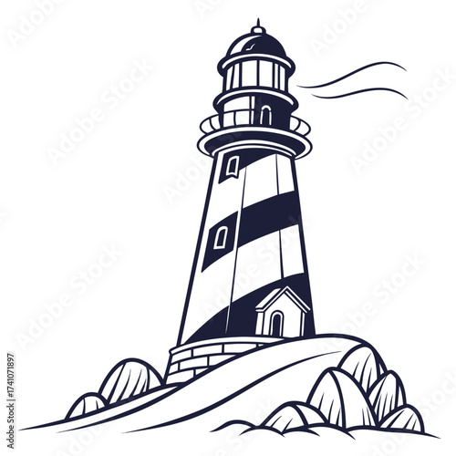Black and white lighthouse on rocky outcrop beacon