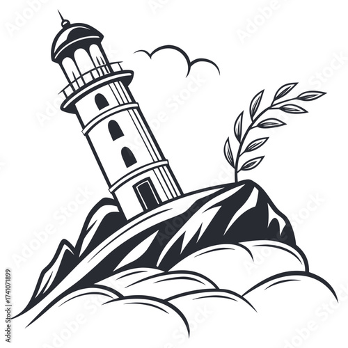 Black and white lighthouse on rocky outcrop with waves and branch
