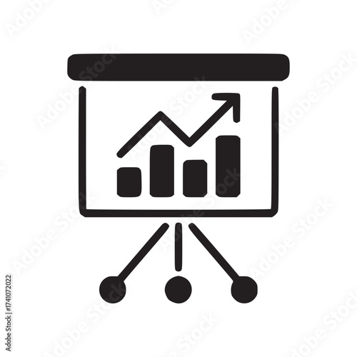 A dark blue icon of a presentation board showing a rising bar graph and arrow on a white background
