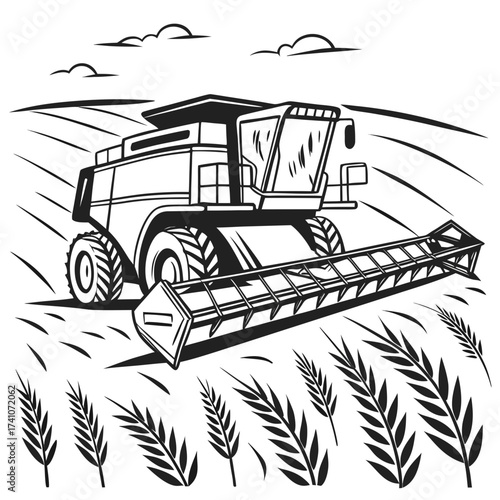 Black and white vector illustration of a combine harvester in a field 1