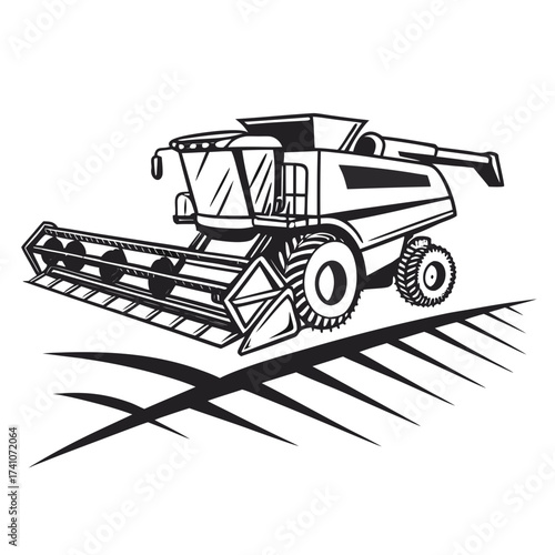 Black and white vector illustration of a combine harvester 1