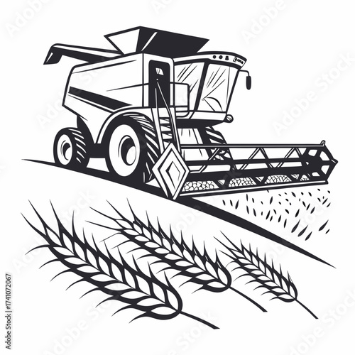 Black and white vector illustration of a combine harvester and wheat stalks